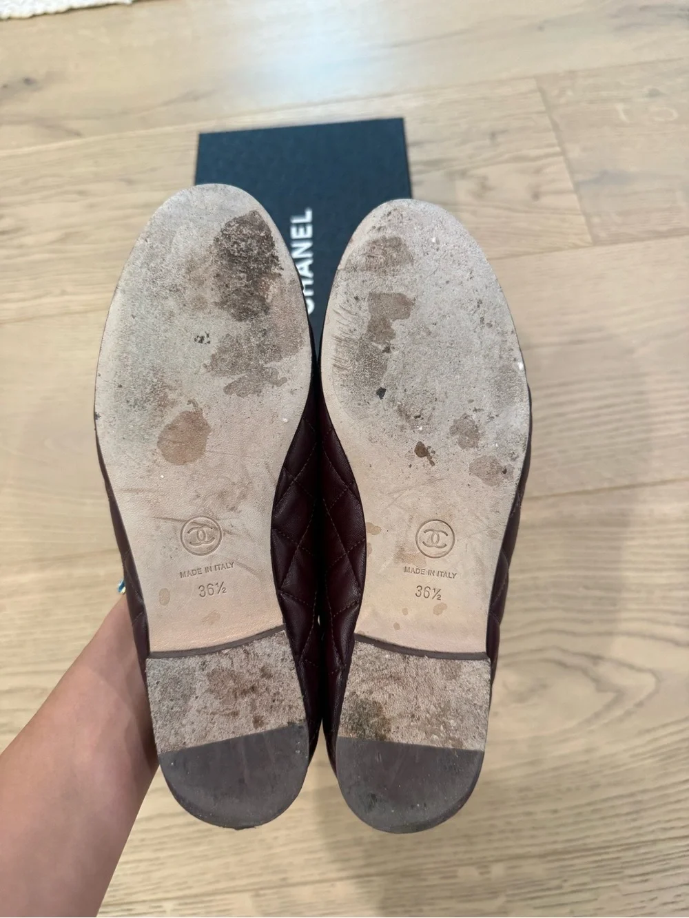 CHANEL Burgundy Quilted CC Bow Ballet Flats